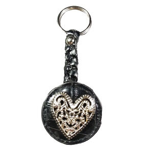 Black Leather Silver Tone Heart Braiding Keychain